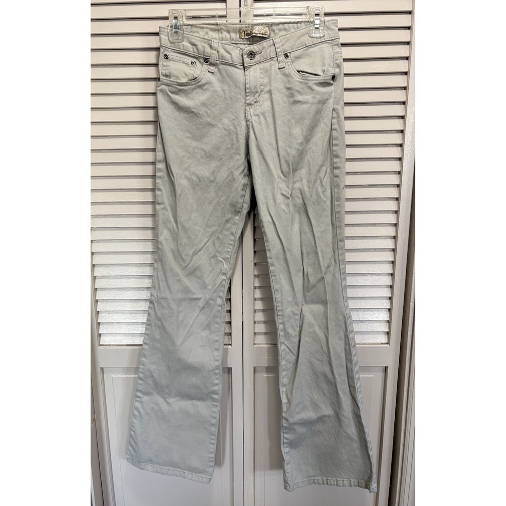 L.E.I Khaki Cream Flare Denim Jeans Low Rise 8"‎ Size 3 Logo Zip Pockets